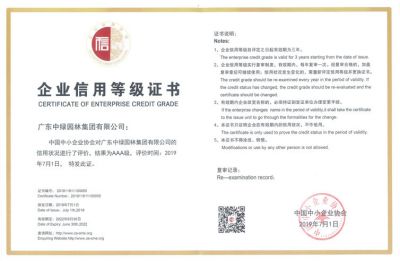 中国中小企业协会企业信用等级证书