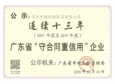 2007-2019连续13年广东省守合同重信用企业